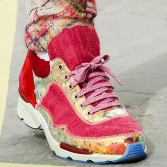 Chanel 14A  Supermarket Fuschia Pink Gold Metallic Tweed Tennis Sneakers - Picture 4 of 16